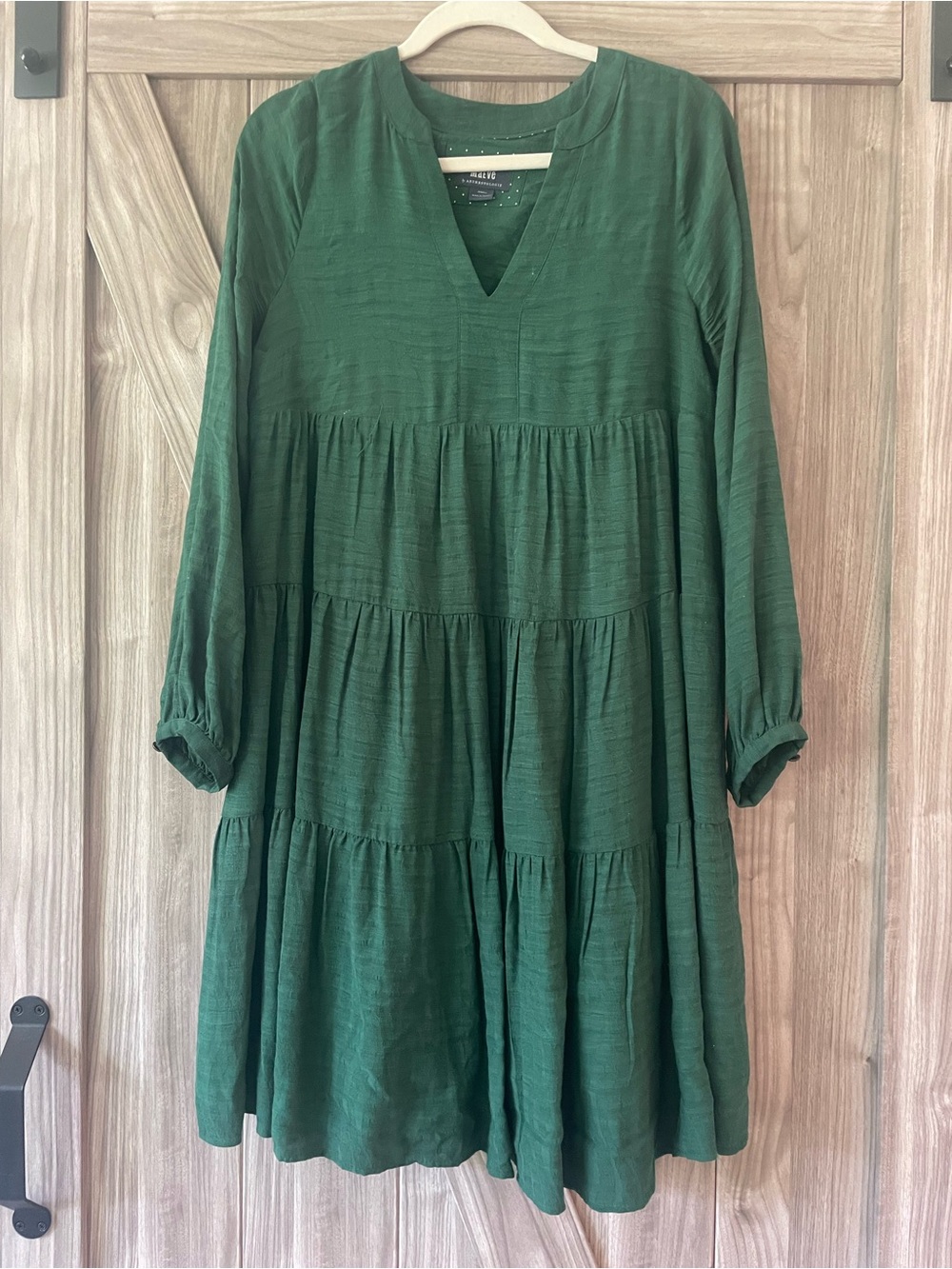 Anthropologie Forest Green Tiered Long-Sleeve V-Neck Dress
